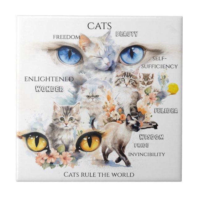 Graceful Cats Watercolor Art Typography Ceramic Tile (Front)