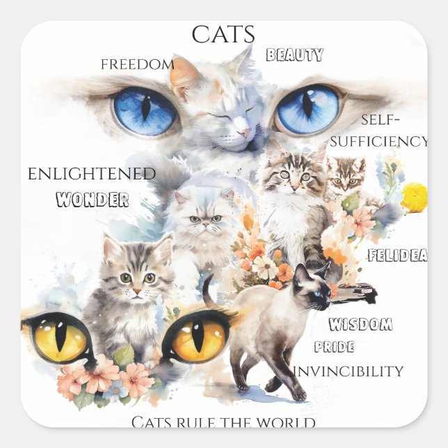Graceful Cats Watercolor Art Typography Square Sticker (Front)