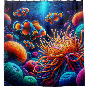 “Graceful Clownfish Coral Reef Art” Shower Curtain