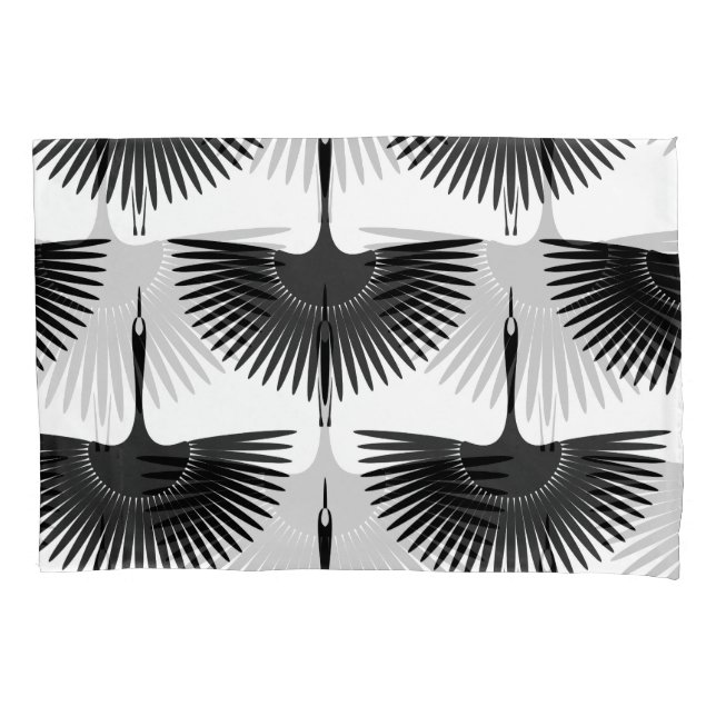 Graceful Crane: Oriental Bird Pattern Pillowcase (Front)