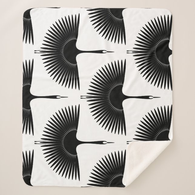 Graceful Crane: Oriental Bird Pattern Sherpa Blanket (Front)