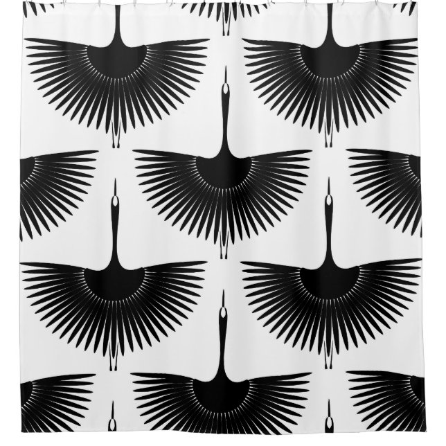 Graceful Crane: Oriental Bird Pattern Shower Curtain (Front)