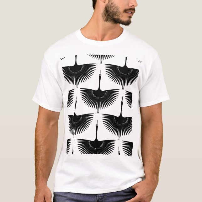 Graceful Crane: Oriental Bird Pattern T-Shirt (Front)