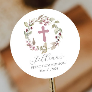 Graceful Cross First Communion Classic Round Sticker