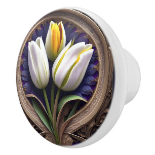 Graceful Curves: White Tulip in Art Nouveau Design Ceramic Knob
