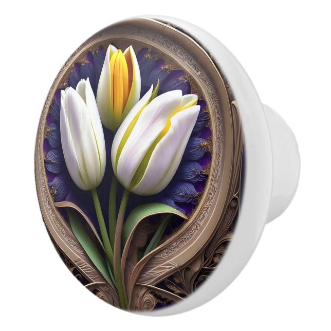 Graceful Curves: White Tulip in Art Nouveau Design Ceramic Knob (Right)