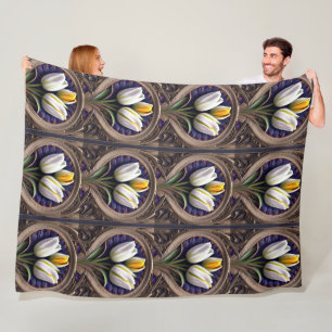 Graceful Curves: White Tulip in Art Nouveau Design Fleece Blanket