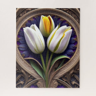 Graceful Curves: White Tulip in Art Nouveau Design Jigsaw Puzzle