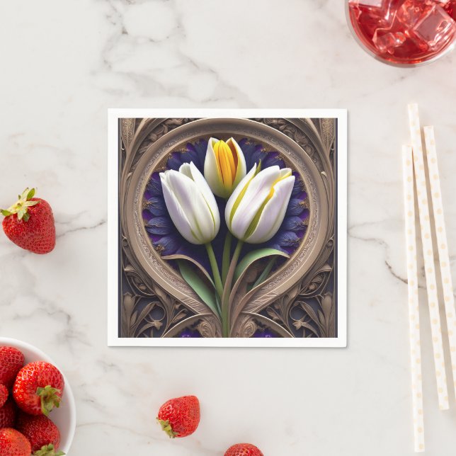 Graceful Curves: White Tulip in Art Nouveau Design Napkin (Insitu)