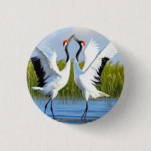 Graceful Dance of Red-Crowned Cranes 3 Cm Round Badge