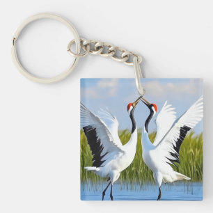 Graceful Dance of Red-Crowned Cranes Key Ring