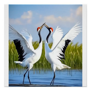 Graceful Dance of Red-Crowned Cranes Poster