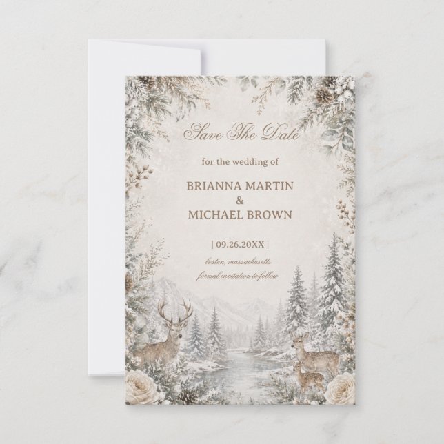Graceful Deer Beside Winter River Save The Date (Front)
