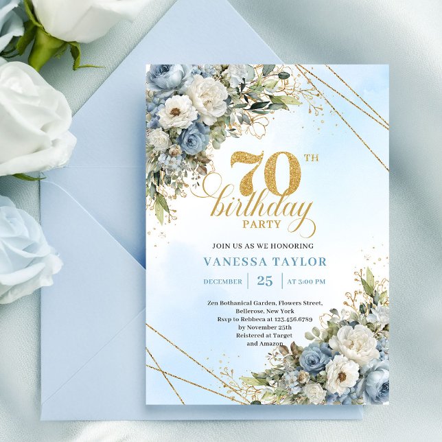 Graceful dusty blue eucalyptus gold 70th birthday  invitation (Graceful dusty blue eucalyptus gold 70th birthday invite

)