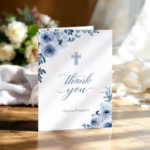 Graceful Dusty Blue Floral Baptism Christening Thank You Card