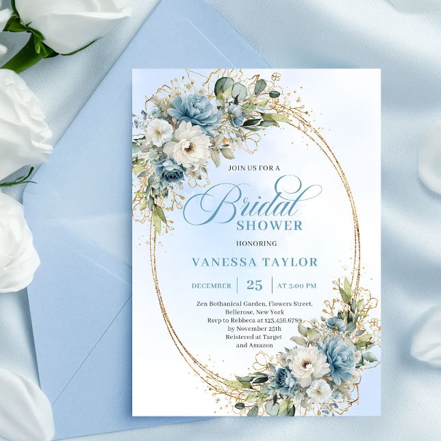 Graceful Dusty Blue Floral Bridal Shower Invites (Graceful Dusty Blue Floral Bridal Shower Invitation)