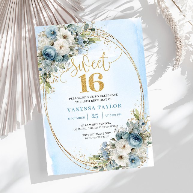 Graceful Dusty Blue Floral Sweet 16th Birthday  Invitation (Graceful Dusty Blue Floral Sweet 16th Birthday Invite)