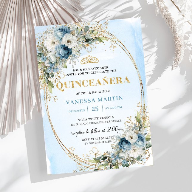 Graceful Dusty Blue Gold Greenery Quinceañera Invitation (Graceful Dusty Blue Gold Greenery Quinceañera)