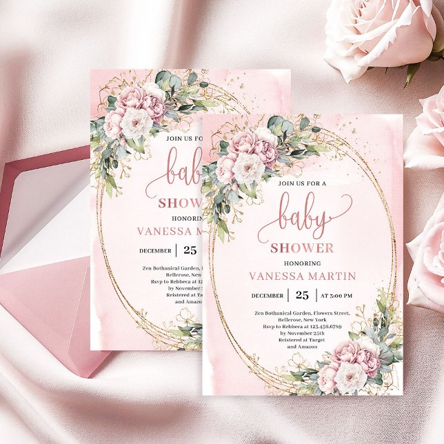 Graceful Dusty Pink Floral Eucalyptus Baby Shower Invitation (Graceful Dusty Pink Floral Eucalyptus Baby Shower)