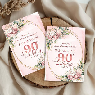Graceful Dusty Pink Gold Floral 90th Birthday  Thank You Card