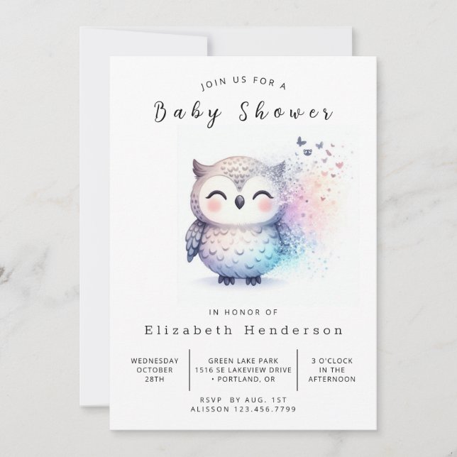 Graceful Editable Owl Baby Shower Invitation (Front)