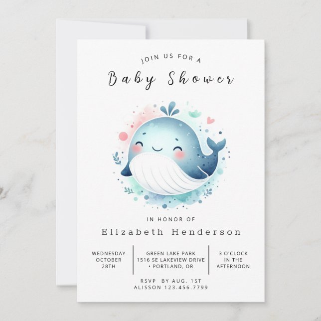 Graceful Editable Whale Baby Shower Invitation (Front)