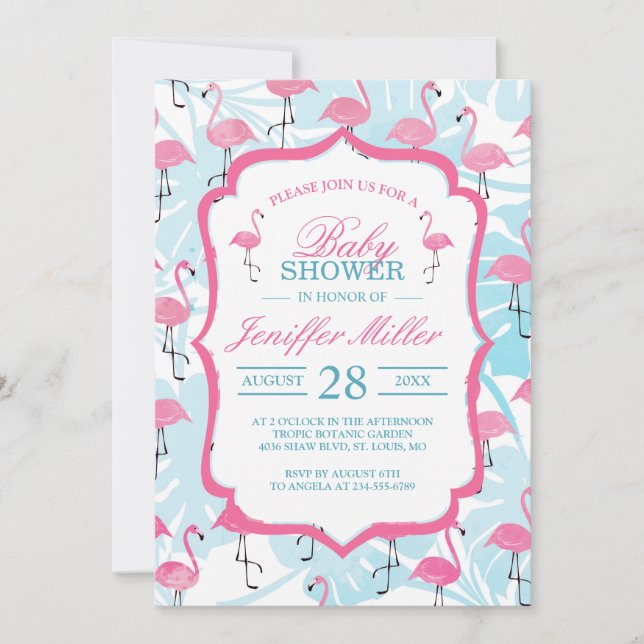 Graceful flamingos and monstera leaves             invitation (Front)