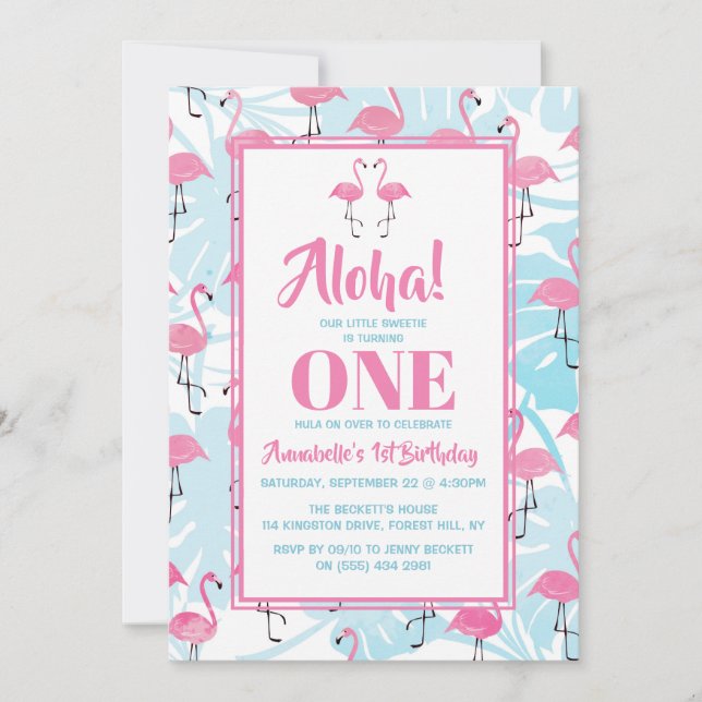 Graceful flamingos and monstera leaves             invitation (Front)