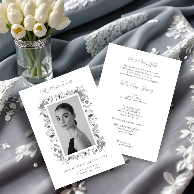 Graceful Floral Contemporary Grey Shades Photo  Invitation (Charming Graceful Floral Contemporary Grey Shades Personalized Photo Grad Invitation Card.)