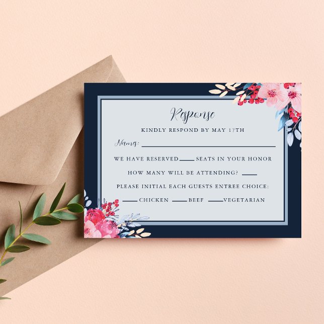 Graceful Floral Pink and Dusty Blue Wedding RSVP Card (Creator Uploaded)