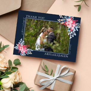 Graceful Floral Pink and Dusty Blue Wedding Thank You Card