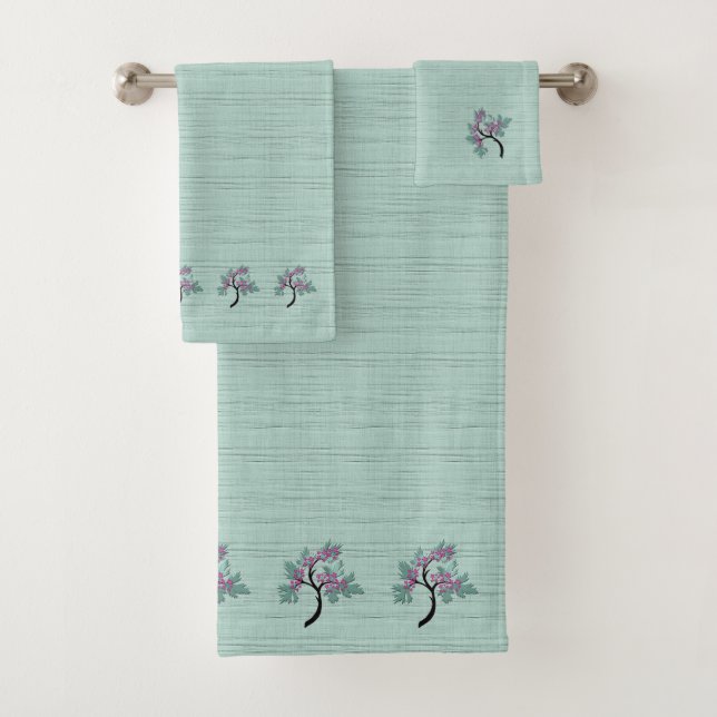 Graceful Flowering Tree Green + Plum Bath Towel Se (Insitu)