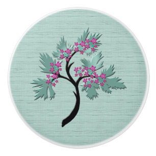 Graceful Flowering Tree Green + Plum  Ceramic Knob
