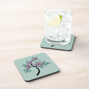 Graceful Flowering Tree Green + Plum Set of 6 Coaster