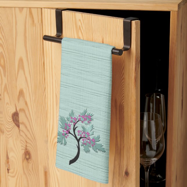 Graceful Flowering Tree Green + Plum Tea Towel (Thirds Fold)