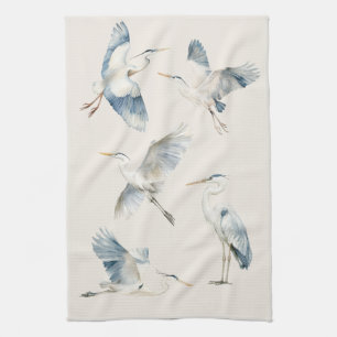 Graceful Flying Blue Herons Pattern Cream Tea Towel