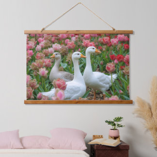Graceful Geese in Blooming Garden Animal Lover Hanging Tapestry