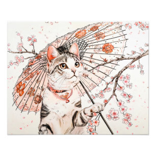 Graceful Geisha Cat with Ornate Parasol and Cherry Photo Print