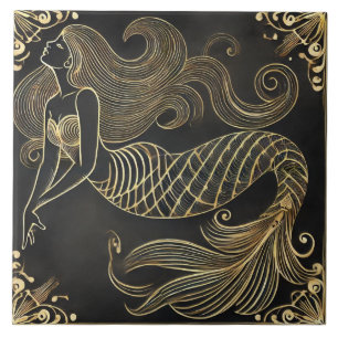 Graceful Golden Mermaid Art Deco Ceramic Tile