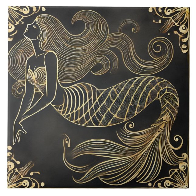 Graceful Golden Mermaid Art Deco Ceramic Tile (Front)