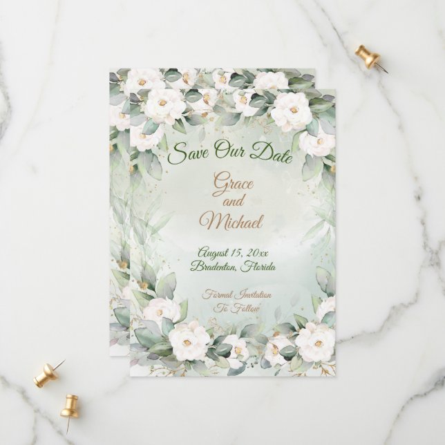 Graceful Greenery Wedding Flat Save The Date Card (Front/Back In Situ)