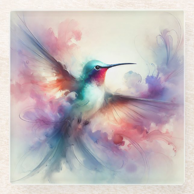 Graceful Hummingbird in Watercolor Glass Coaster (Front)