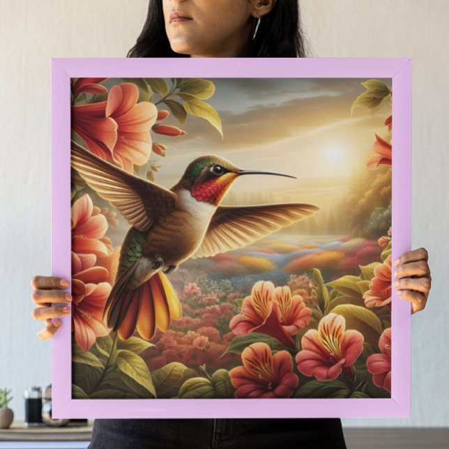 Graceful Hummingbird Soaring Above Blooming Flower Poster (Creator Uploaded)