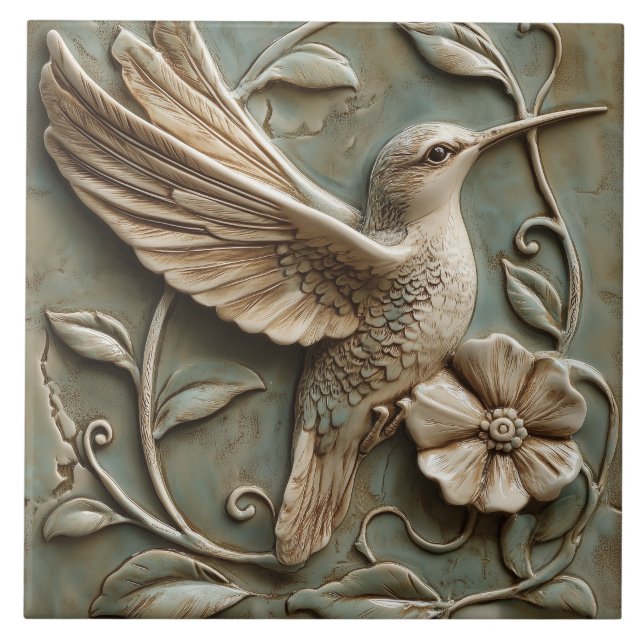 Graceful Hummingbird with Flower Faux Relief  Ceramic Tile (Front)