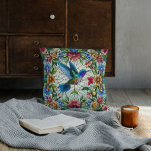 Graceful Hummingbird with Stained Glass Effect Cushion