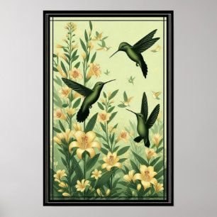 Graceful Hummingbirds Among Golden Lilies Poster