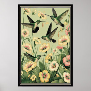 Graceful Hummingbirds Among Golden Lilies Poster