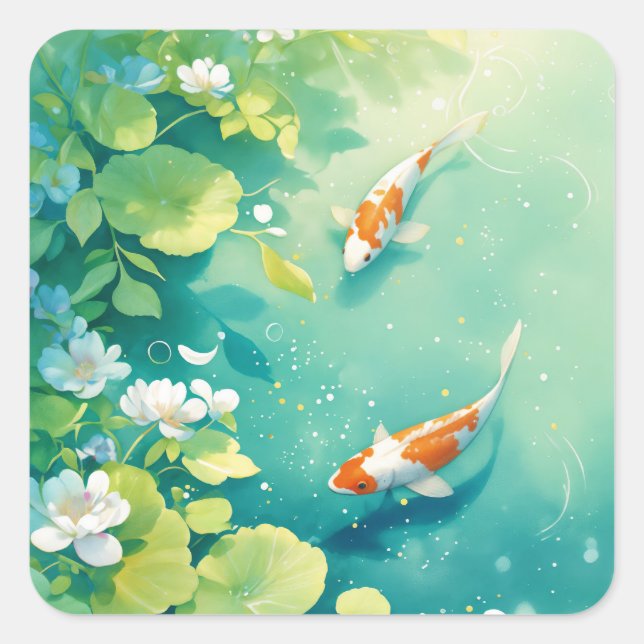 Graceful Koi in a Tranquil Pond Square Sticker (Front)