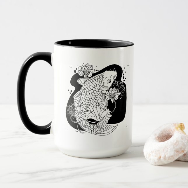 Graceful Koi & Lotus Mug – Zen Minimalist Art (With Donut)
