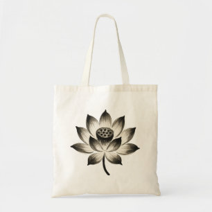 Graceful Lotus – Ink Brush Flower on Tote Bag